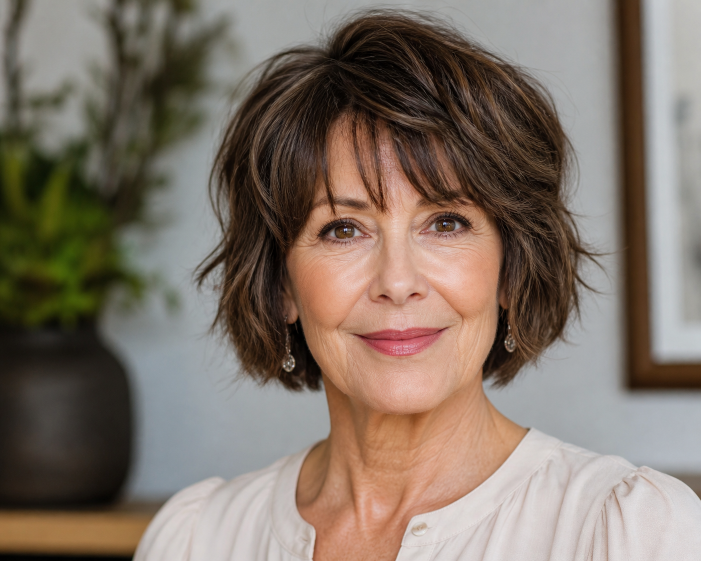 Short shag haircut for women over 50 with soft layered texture, voluminous crown, and wispy bangs adding youthful movement and fullness to thinning hair