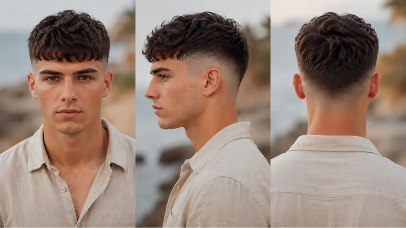 Man with a modern French crop high fade haircut featuring textured top layers, sharp faded sides, and a clean masculine finish, showcasing trendy men’s hairstyle inspiration for 2026.