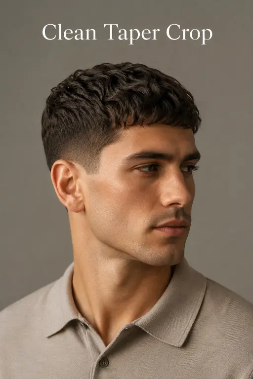 Sharp modern French crop low fade haircut on a stylish man with textured hair, clean faded sides, and defined fringe, showcasing trendy men’s grooming and contemporary barber style.