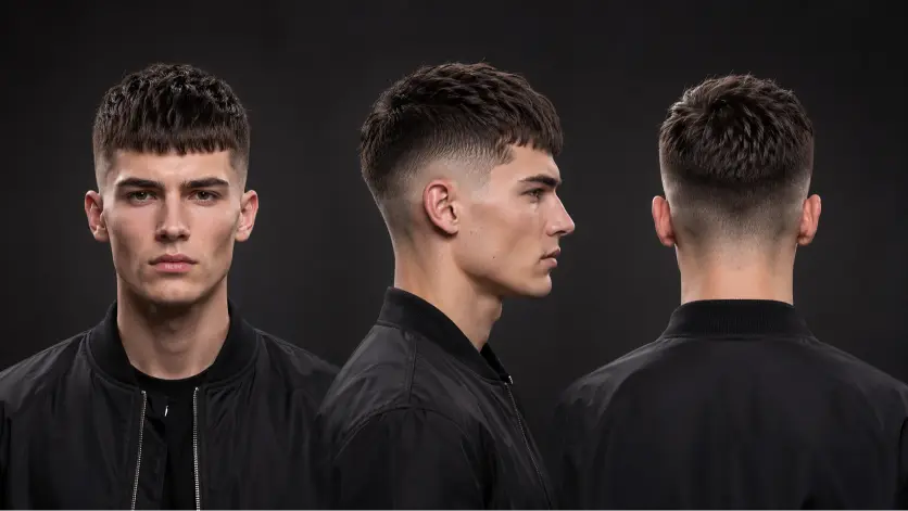 French crop mid fade hairstyle variations for men featuring textured tops, clean faded sides, sharp fringes, and modern masculine grooming styles for different hair types and face shapes.
