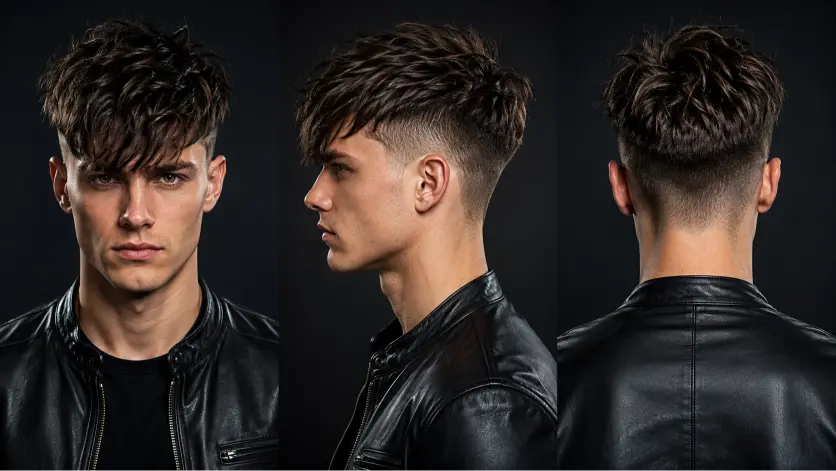 Messy fringe haircut for men with textured volume, modern fade, and natural movement — stylish 2026 men’s hairstyle idea for straight, wavy, and curly hair types.