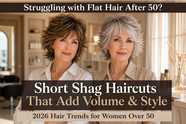 Short shag haircut for women over 50 with soft layered texture, voluminous crown, and wispy bangs adding youthful movement and fullness to thinning hair