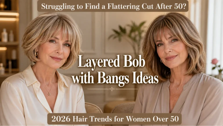Layered bob with bangs for women over 50 showcasing flattering, modern styles for different face shapes and hair textures