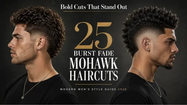 Man with a modern burst fade mohawk haircut featuring textured volume, sharp faded sides, and bold masculine style trend for men