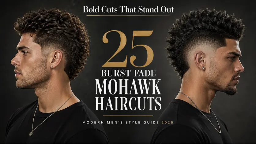 Man with a modern burst fade mohawk haircut featuring textured volume, sharp faded sides, and bold masculine style trend for men